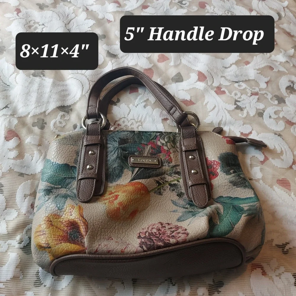 Koltov Floral Satchel Handbag Tan Brown Faux Leather Multi Pocket Bag Womens